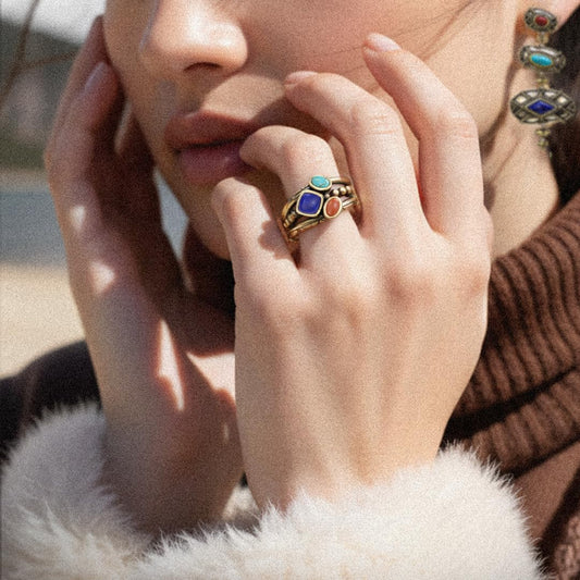 ZenWuxiang Tibetan Mani Stone Ring for Women, Vintage Brass with Natural Turquoise, Lapis Lazuli & Red Jasper, Ethnic Boho Tibetan Style Statement Ring