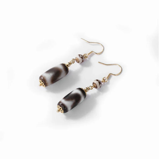 Tiger Tooth Dzi Bead Ear Hooks — Tibetan Snowland Spirit Earrings for Courage & Protection