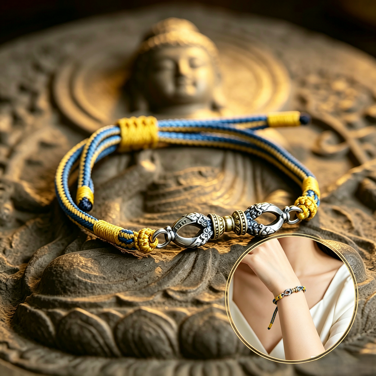 ZenWuxiang 925 Silver Vajra Dorje Spiritual Protection Bracelet - Tibetan Hand-Braided Mantra Cord for Strength & Abundance Manifestation
