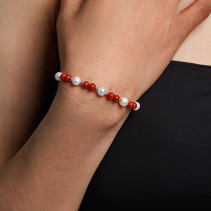 ZenWuxiang “Snowfield Dawn Series” Pearl & Red Agate Bracelet
