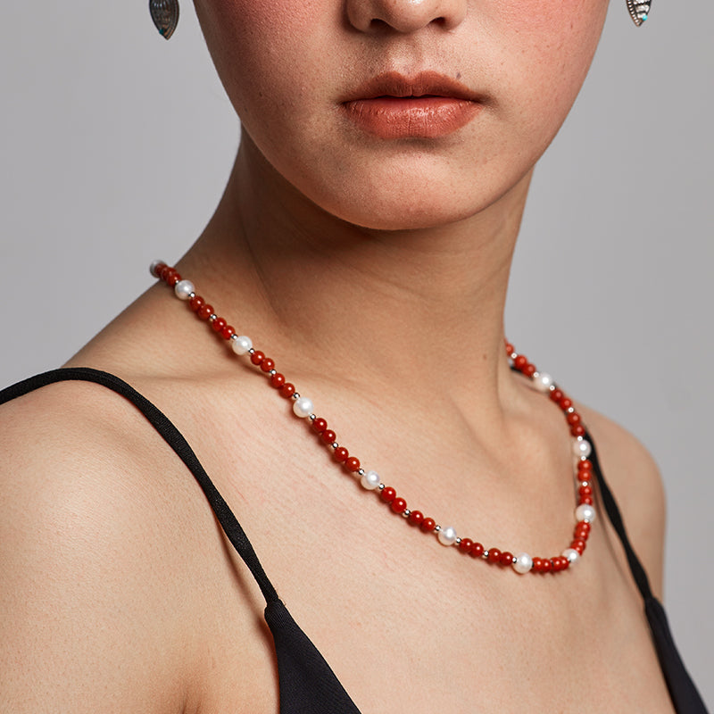 ZenWuxiang “Snowfield Dawn Series” Pearl & Red Agate Necklace