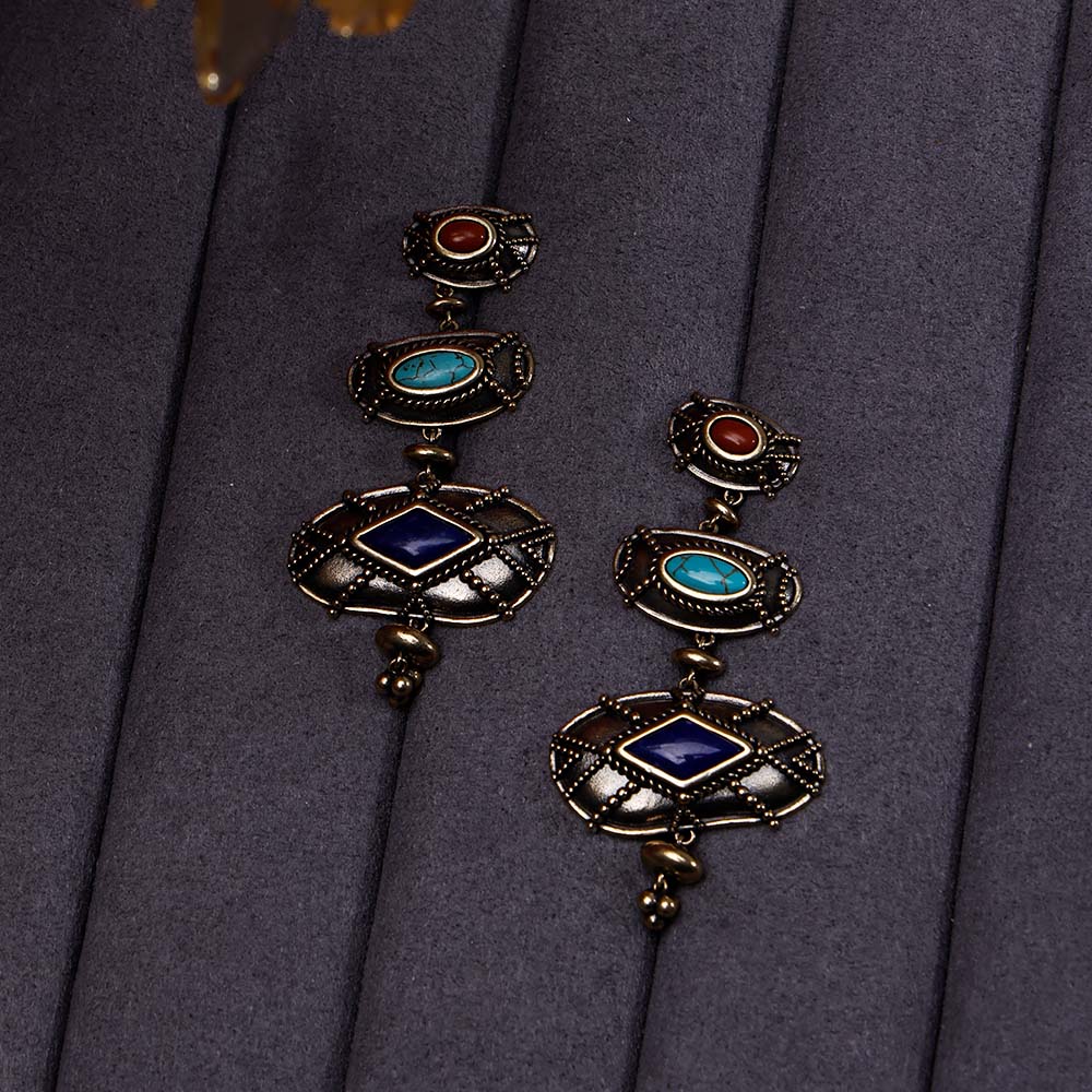 ZenWuxiang Tibetan Mani Stone Long Hoop Earrings for Women, Vintage Brass with Natural Turquoise, Lapis Lazuli & Red Jasper, Ethnic Boho Tibetan Style Jewelry