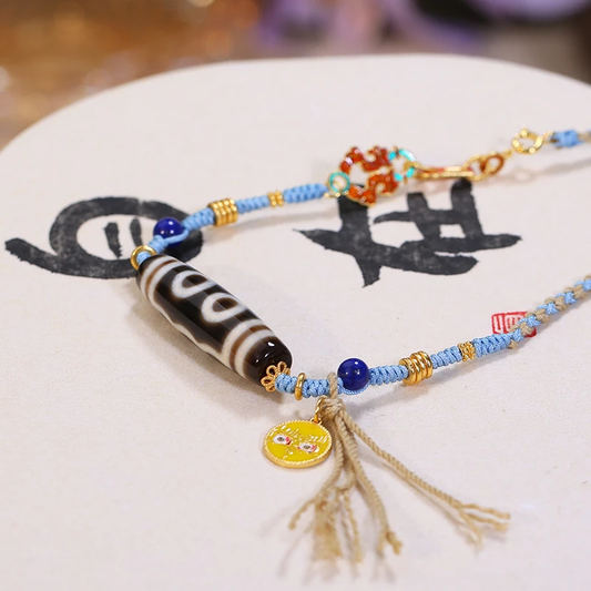 ZenWuxiang Five-Eye Dzi Necklace with Lapis Lazuli Gemstones (38.5mm)