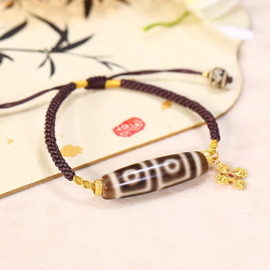 ZenWuxiang Four-Eye Dzi Bracelet with Wave Pattern Beads (40mm)