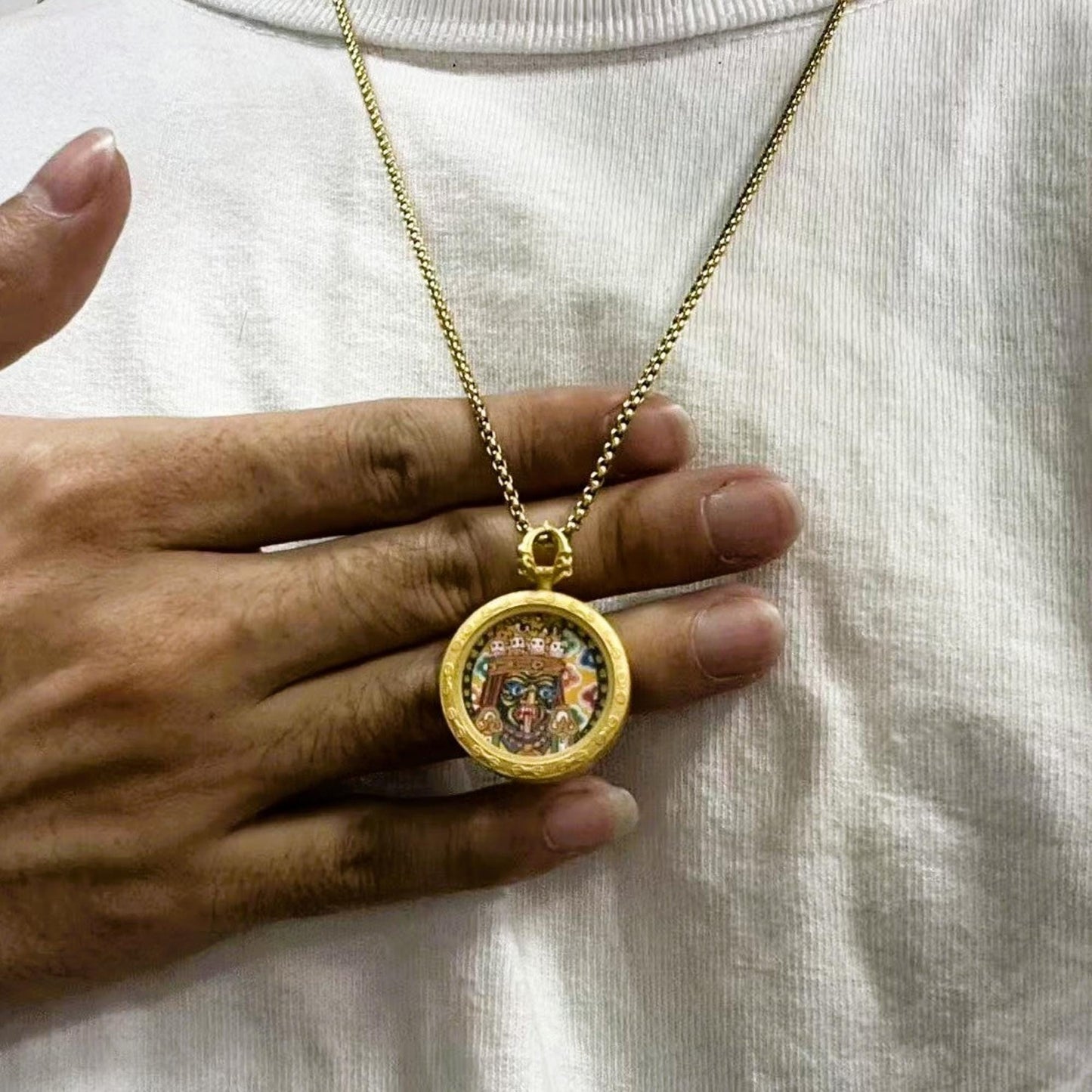 ZenWuxiang Zajia Lhamo Thangka Pendant Necklace | Hand-Painted Tibetan Wealth Protector Amulet | Gold Frame & Chain