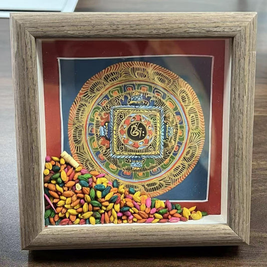 ZenWuxiang Surprise Tibetan Mandala Thangka Framed Art | Hand-Painted Sacred Geometry 5x5 in Freestanding Desk Altar Display