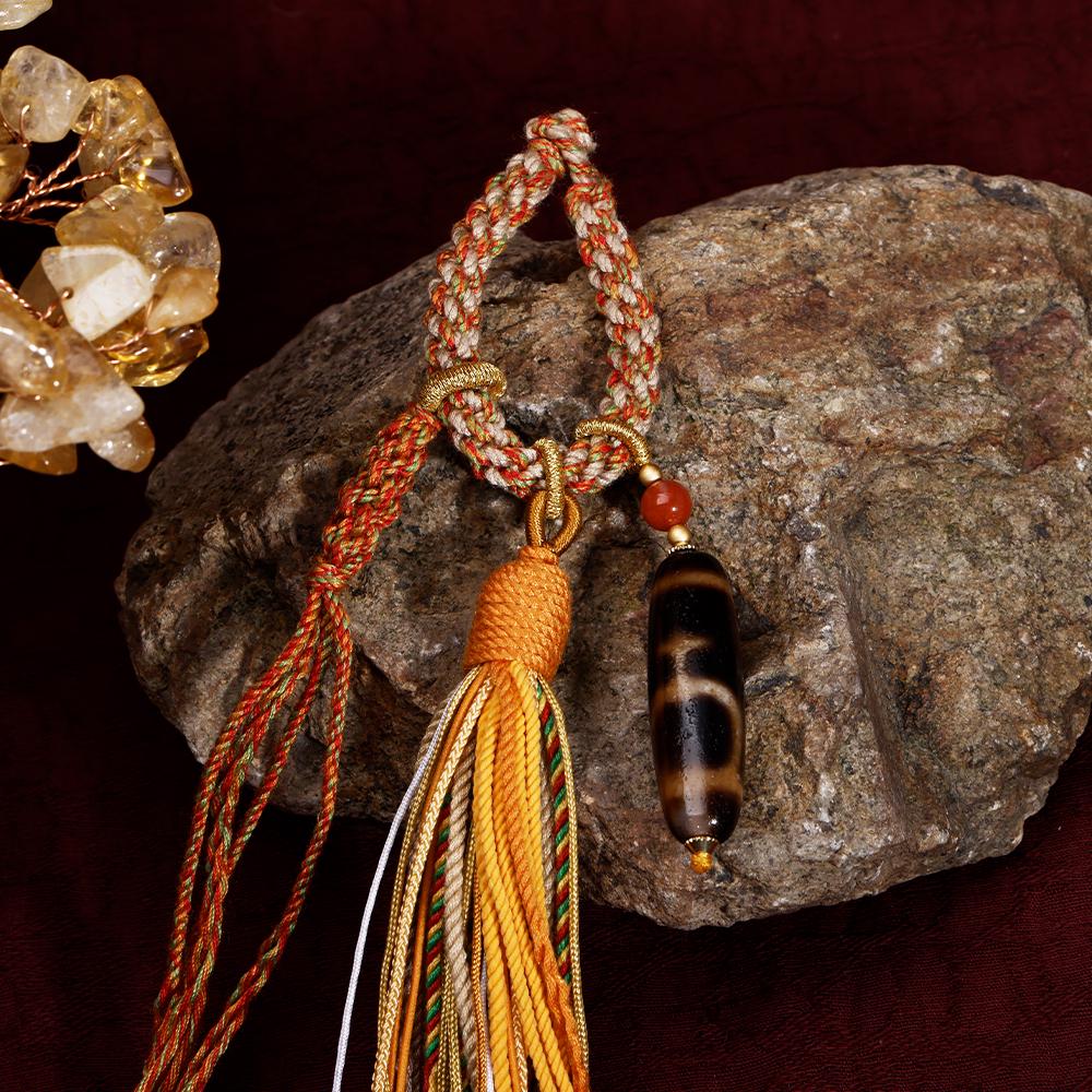 ZenWuxiang Tibetan Treasure Vase Dzi Bead Car Hanging | Natural Agate Amulet Copper Tassel Decor