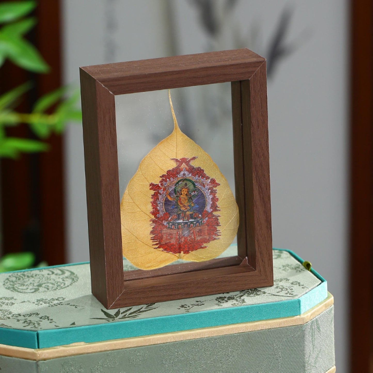 ZenWuxiang Manjushri Thangka Faux Bodhi Leaf Desktop Ornament | Acrylic Floating Frame Zen Desk Decor