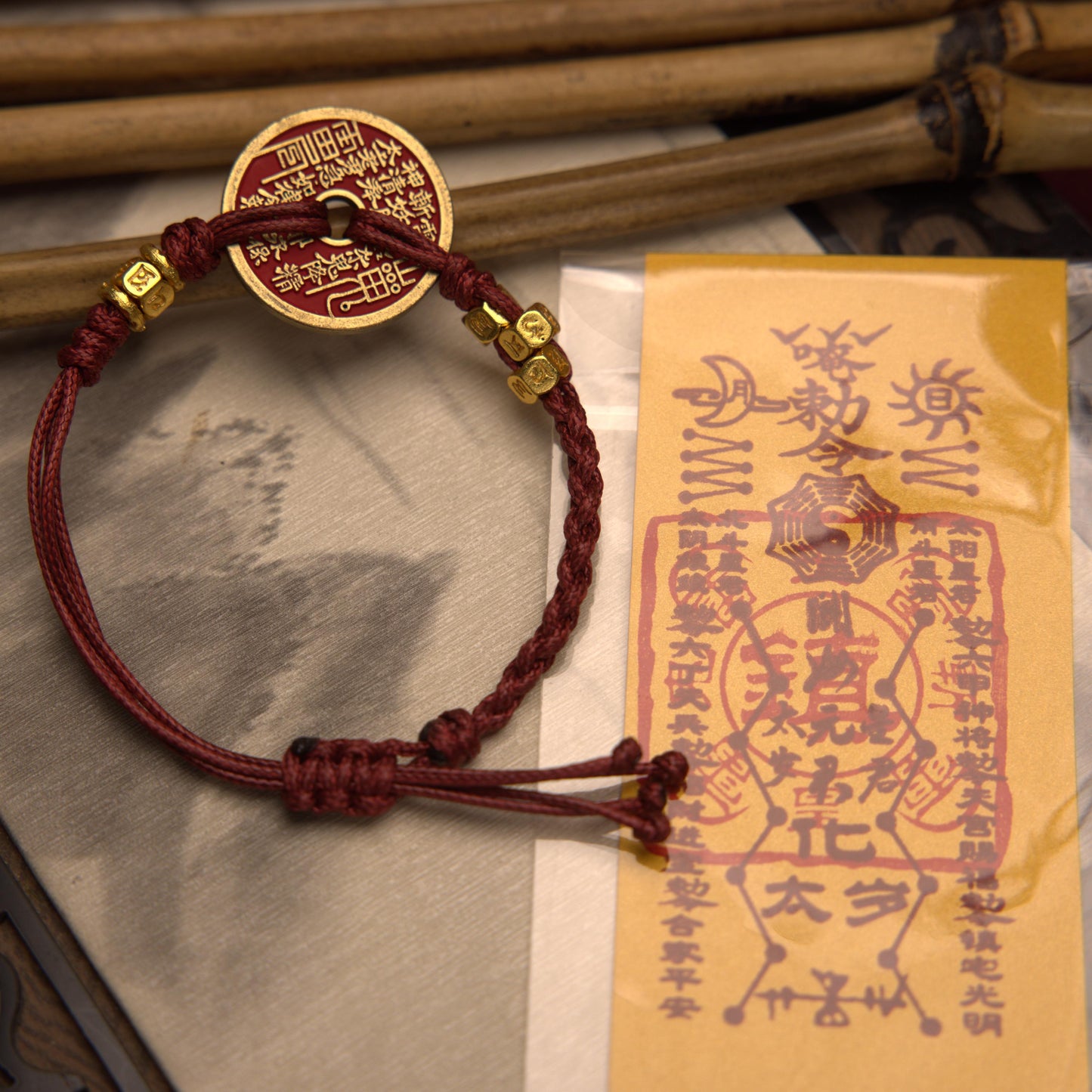 ZenWuxiang 18K Gold Plated Red String Bracelet | Celestial Coin Talisman Adjustable Red Cord Protection Amulet