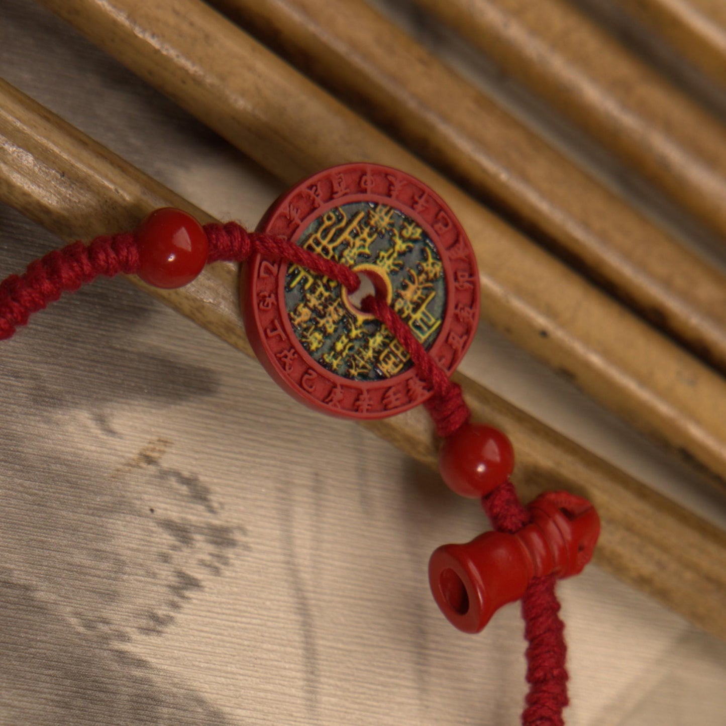 ZenWuxiang Red Cinnabar Coin Charm Bracelet | Carved Celestial Amulet & Vajra Pestle Red String Protection Bracelet