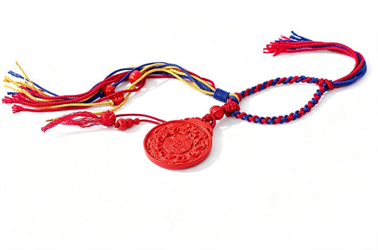 ZenWuxiang Imperial Red Cinnabar Bagua Bag Charm | Carved Celestial Amulet Tricolor Braided Cord Purse Charm & Keychain