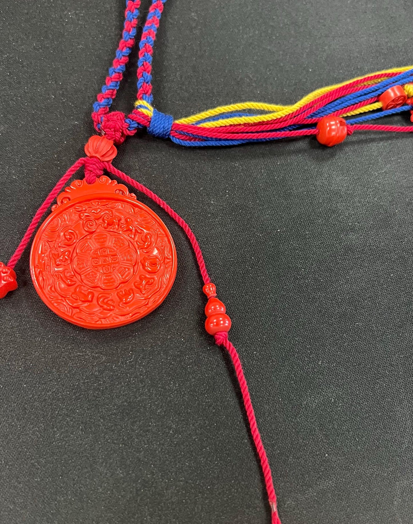 ZenWuxiang Imperial Red Cinnabar Bagua Bag Charm | Carved Celestial Amulet Tricolor Braided Cord Purse Charm & Keychain