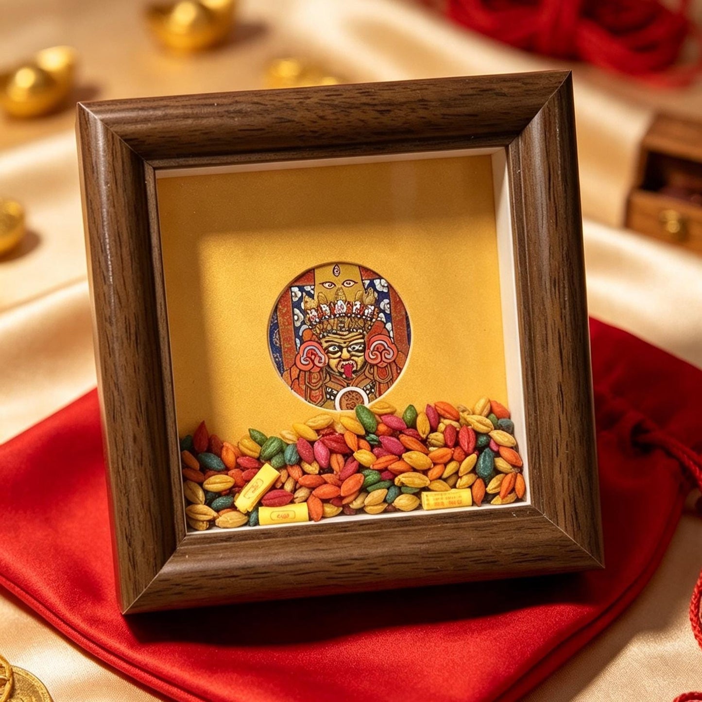 ZenWuxiang Mini Zashi Lhamo Framed Art | Tibetan Goddess of Abundance Palden Lhamo 3.15x3.15 in Solid Wood Desk Display