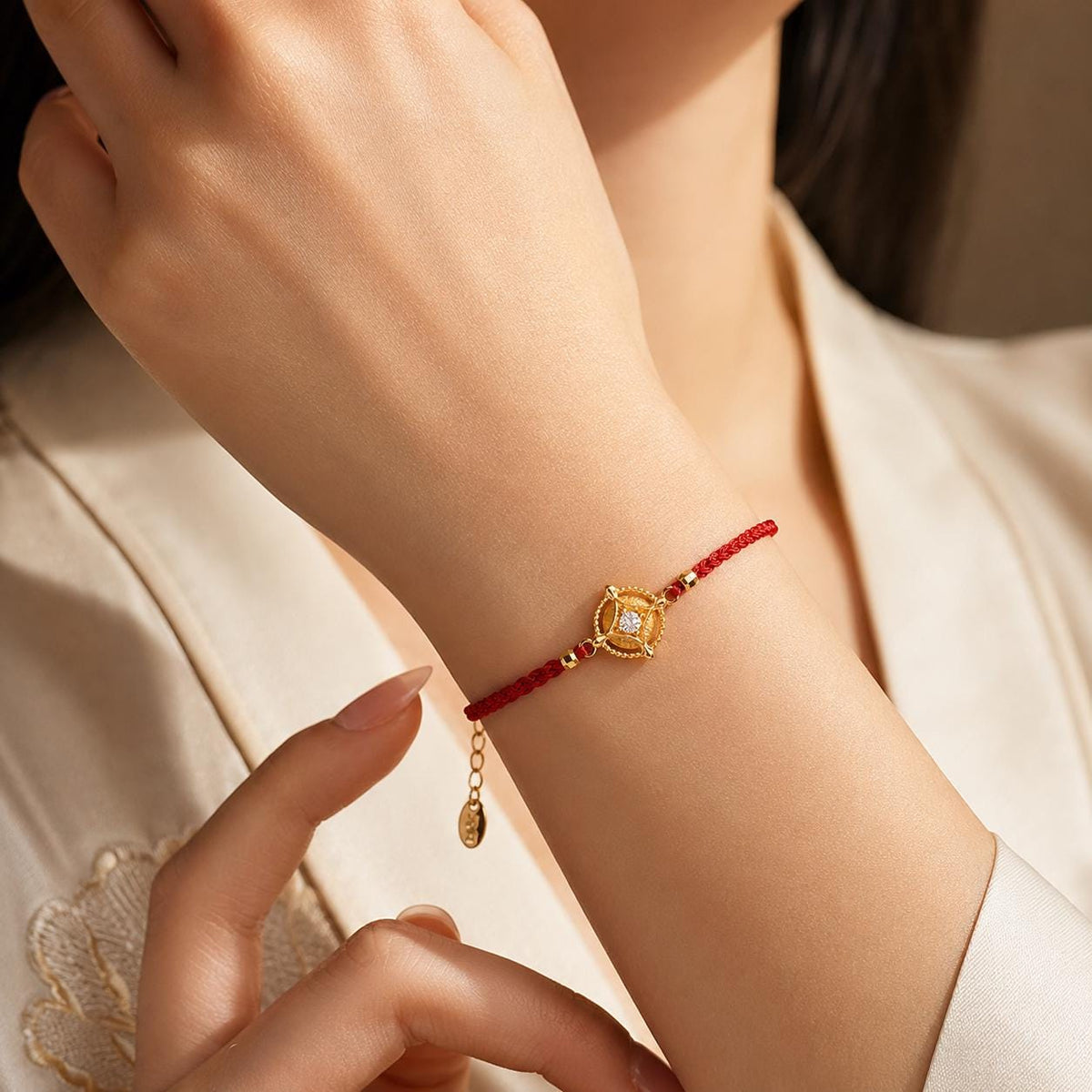 ZenWuxiang Wealth Coin Series Red String Fortune Coin Bracelet | 18K Gold Plated CZ Charm Adjustable Protection & Luck Amulet