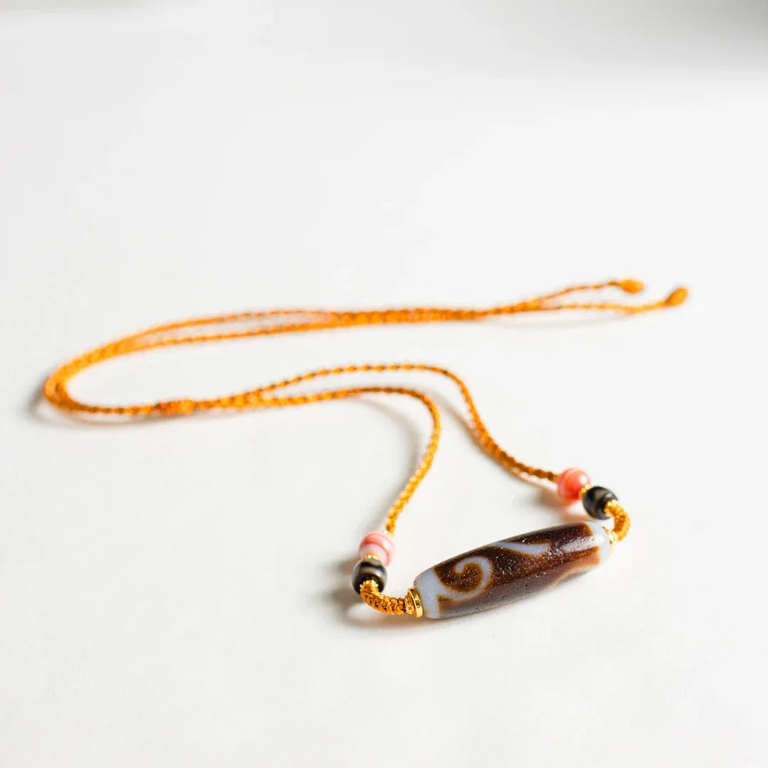 ZenWuxiang Ruyi Agate Dzi Necklace with Silver Tibetan Accents