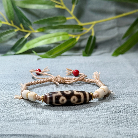 ZenWuxiang Seven-Eye Dzi Hand Bracelet with Mammoth Cinnabar 925 Silver