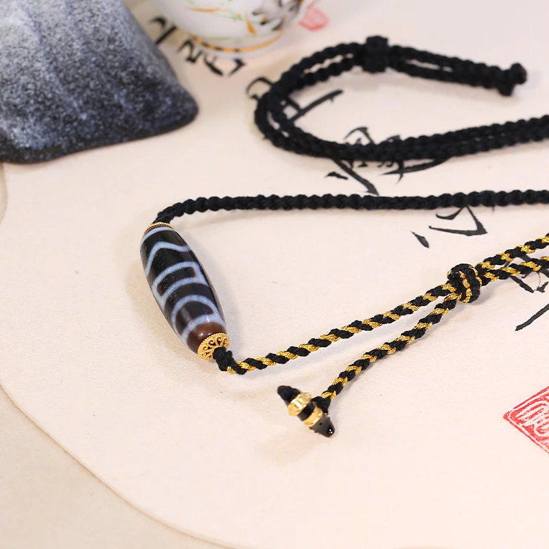 ZenWuxiang Four Activities Motif Black Gold Dzi Bead Necklace | Himalayan Cultural Jewelry