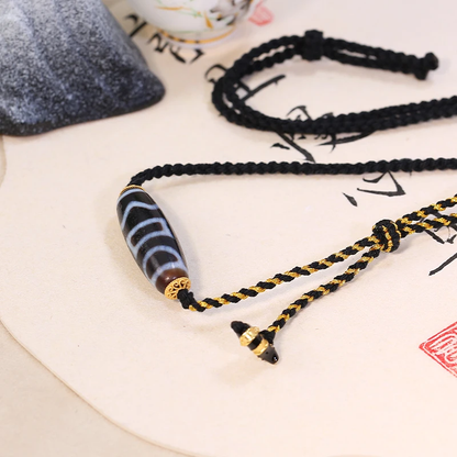 ZenWuxiang Four Activities Motif Black Gold Dzi Bead Necklace | Himalayan Cultural Jewelry