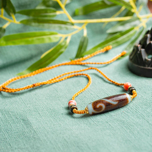 ZenWuxiang Ruyi Agate Dzi Necklace with Silver Tibetan Accents