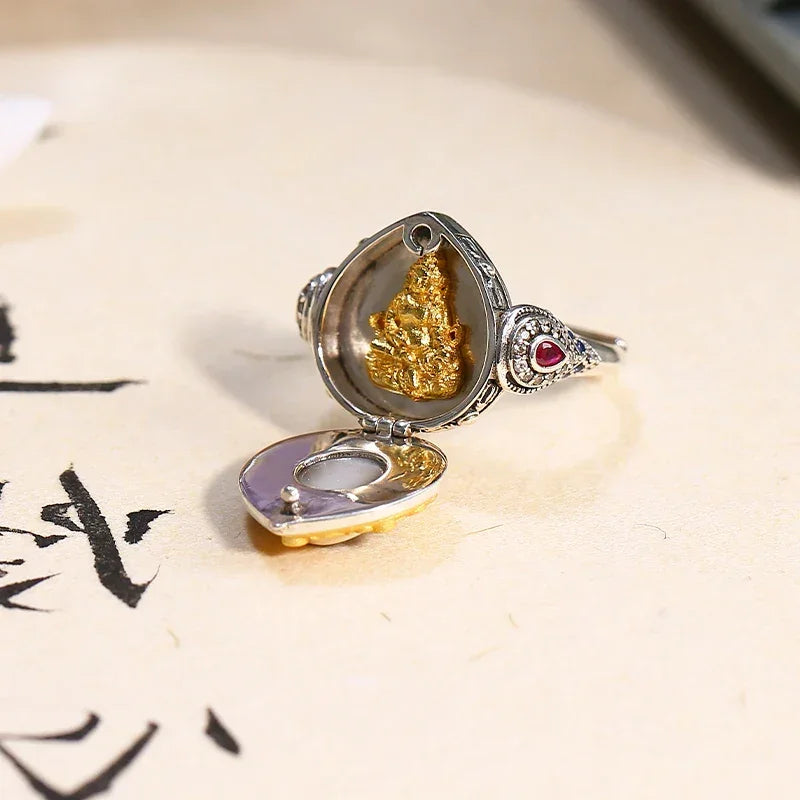 ZenWuxiang Single-Eye 925 Silver Adjustable Ring with Vajra Jambhala Zircon