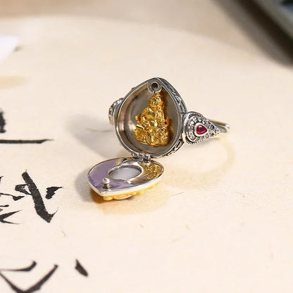 ZenWuxiang Single-Eye 925 Silver Adjustable Ring with Vajra Jambhala Zircon