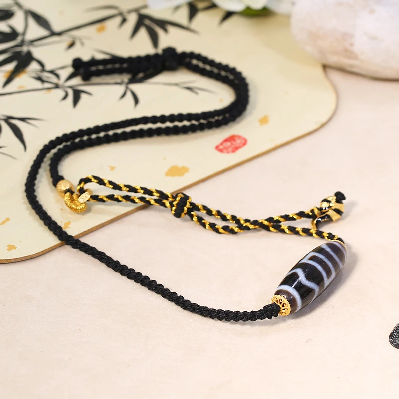 ZenWuxiang Four Activities Motif Black Gold Dzi Bead Necklace | Himalayan Cultural Jewelry