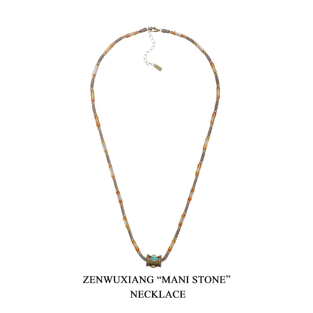 ZenWuxiang Tibetan Mani Stone Agate Necklace, Boho Ethnic Necklace with Natural Agate Beads, Lulutong Bead & Brass Charm, Vintage Tibetan Protection Jewelry