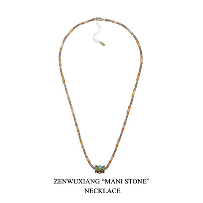 ZenWuxiang Tibetan Mani Stone Agate Necklace, Boho Ethnic Necklace with Natural Agate Beads, Lulutong Bead & Brass Charm, Vintage Tibetan Protection Jewelry