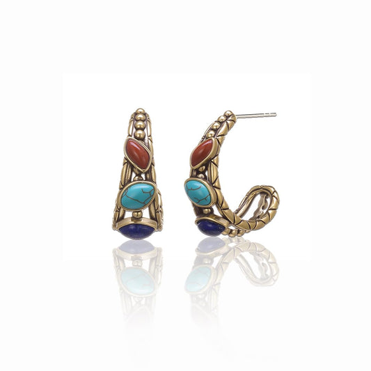 ZenWuxiang Tibetan Mani Stone Hoop Earrings for Women, Vintage Brass with Natural Turquoise, Lapis Lazuli & Red Jasper, Ethnic Boho Tibetan Style Jewelry