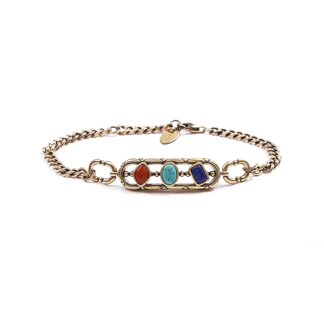 ZenWuxiang Tibetan Mani Stone Bracelet, Vintage Brass Chain Link Bracelet with Natural Turquoise, Lapis Lazuli & Red Jasper, Ethnic Boho Tibetan Protection Jewelry
