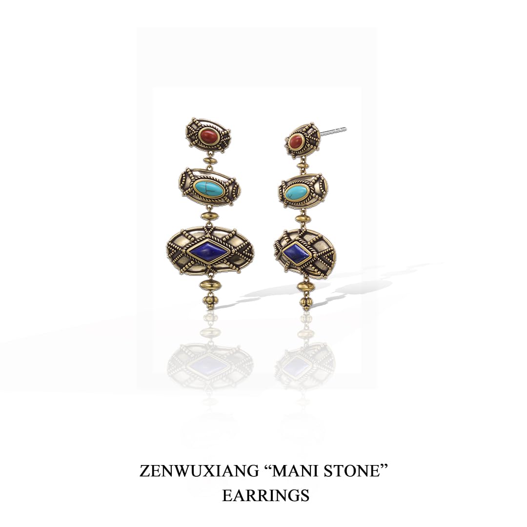 ZenWuxiang Tibetan Mani Stone Long Hoop Earrings for Women, Vintage Brass with Natural Turquoise, Lapis Lazuli & Red Jasper, Ethnic Boho Tibetan Style Jewelry
