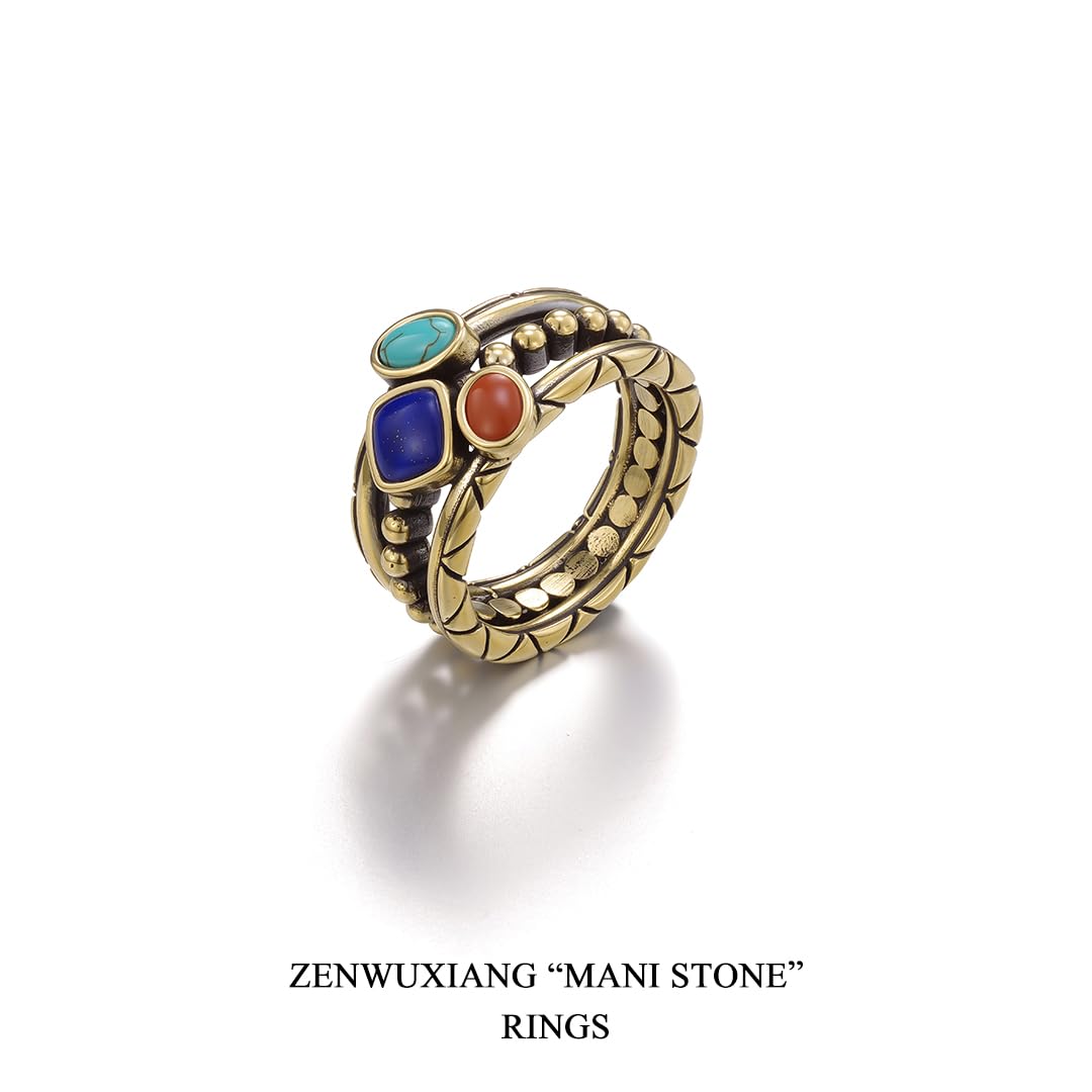 ZenWuxiang Tibetan Mani Stone Ring for Women, Vintage Brass with Natural Turquoise, Lapis Lazuli & Red Jasper, Ethnic Boho Tibetan Style Statement Ring
