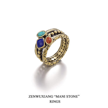 ZenWuxiang Tibetan Mani Stone Ring for Women, Vintage Brass with Natural Turquoise, Lapis Lazuli & Red Jasper, Ethnic Boho Tibetan Style Statement Ring