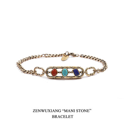 ZenWuxiang Tibetan Mani Stone Bracelet, Vintage Brass Chain Link Bracelet with Natural Turquoise, Lapis Lazuli & Red Jasper, Ethnic Boho Tibetan Protection Jewelry