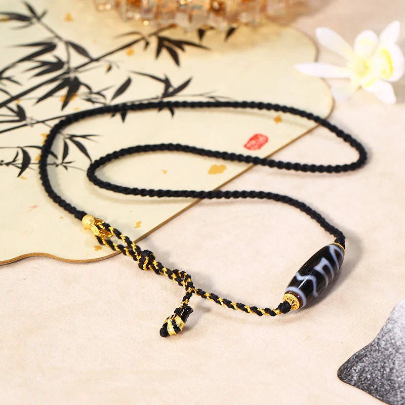 ZenWuxiang Four Activities Motif Black Gold Dzi Bead Necklace | Himalayan Cultural Jewelry