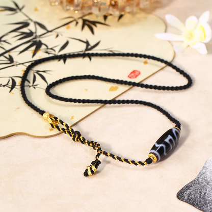 ZenWuxiang Four Activities Motif Black Gold Dzi Bead Necklace | Himalayan Cultural Jewelry