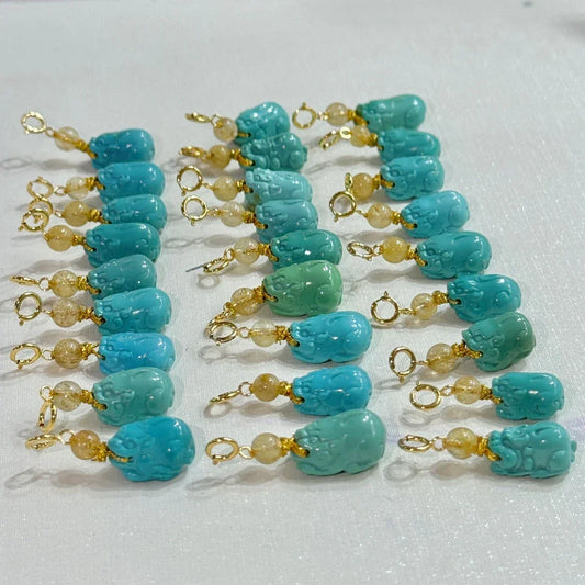 Pixiu 18K Gold Turquoise & Rutilated Quartz Pendant — Tibetan Wealth & Protection Amulet