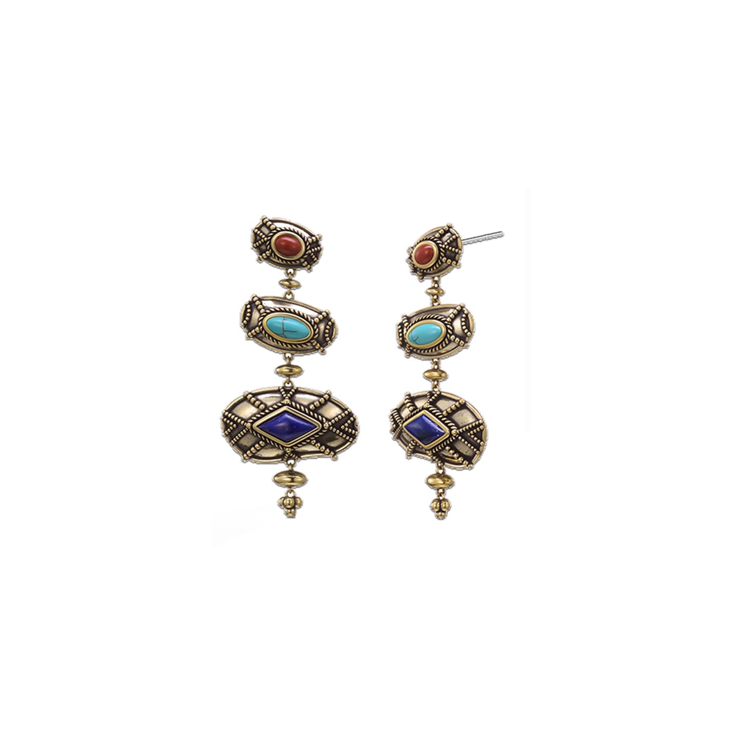 ZenWuxiang Tibetan Mani Stone Long Hoop Earrings for Women, Vintage Brass with Natural Turquoise, Lapis Lazuli & Red Jasper, Ethnic Boho Tibetan Style Jewelry