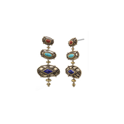 ZenWuxiang Tibetan Mani Stone Long Hoop Earrings for Women, Vintage Brass with Natural Turquoise, Lapis Lazuli & Red Jasper, Ethnic Boho Tibetan Style Jewelry