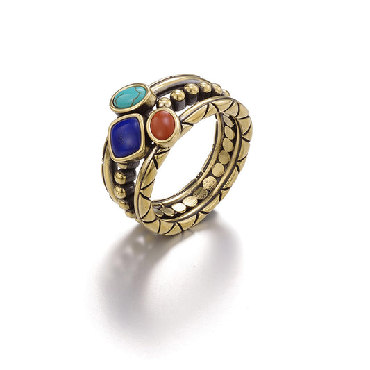 ZenWuxiang Tibetan Mani Stone Ring for Women, Vintage Brass with Natural Turquoise, Lapis Lazuli & Red Jasper, Ethnic Boho Tibetan Style Statement Ring