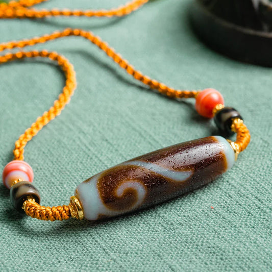 Ruyi Agate & Dzi Bead Necklace — Silver Tibetan Pendant for Good Fortune & Protection