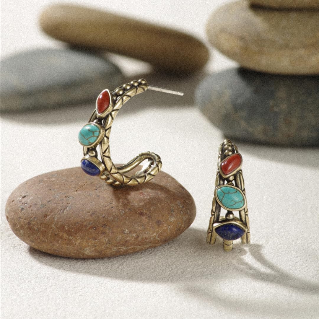 ZenWuxiang Tibetan Mani Stone Hoop Earrings for Women, Vintage Brass with Natural Turquoise, Lapis Lazuli & Red Jasper, Ethnic Boho Tibetan Style Jewelry