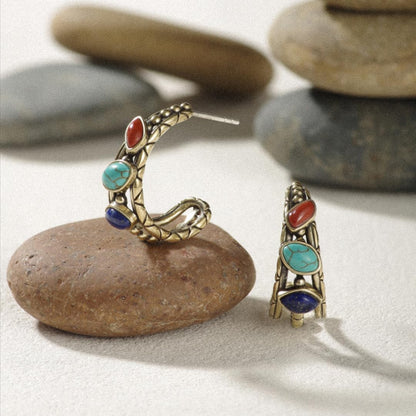 ZenWuxiang Tibetan Mani Stone Hoop Earrings for Women, Vintage Brass with Natural Turquoise, Lapis Lazuli & Red Jasper, Ethnic Boho Tibetan Style Jewelry