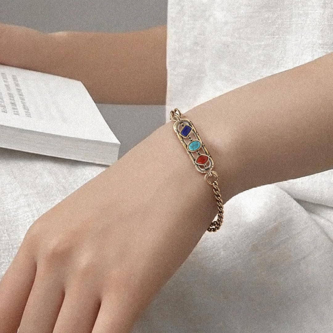 ZenWuxiang Tibetan Mani Stone Bracelet, Vintage Brass Chain Link Bracelet with Natural Turquoise, Lapis Lazuli & Red Jasper, Ethnic Boho Tibetan Protection Jewelry