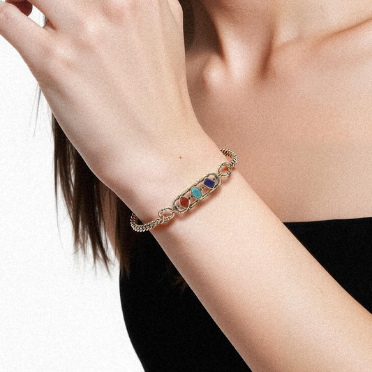 ZenWuxiang Tibetan Mani Stone Bracelet, Vintage Brass Chain Link Bracelet with Natural Turquoise, Lapis Lazuli & Red Jasper, Ethnic Boho Tibetan Protection Jewelry