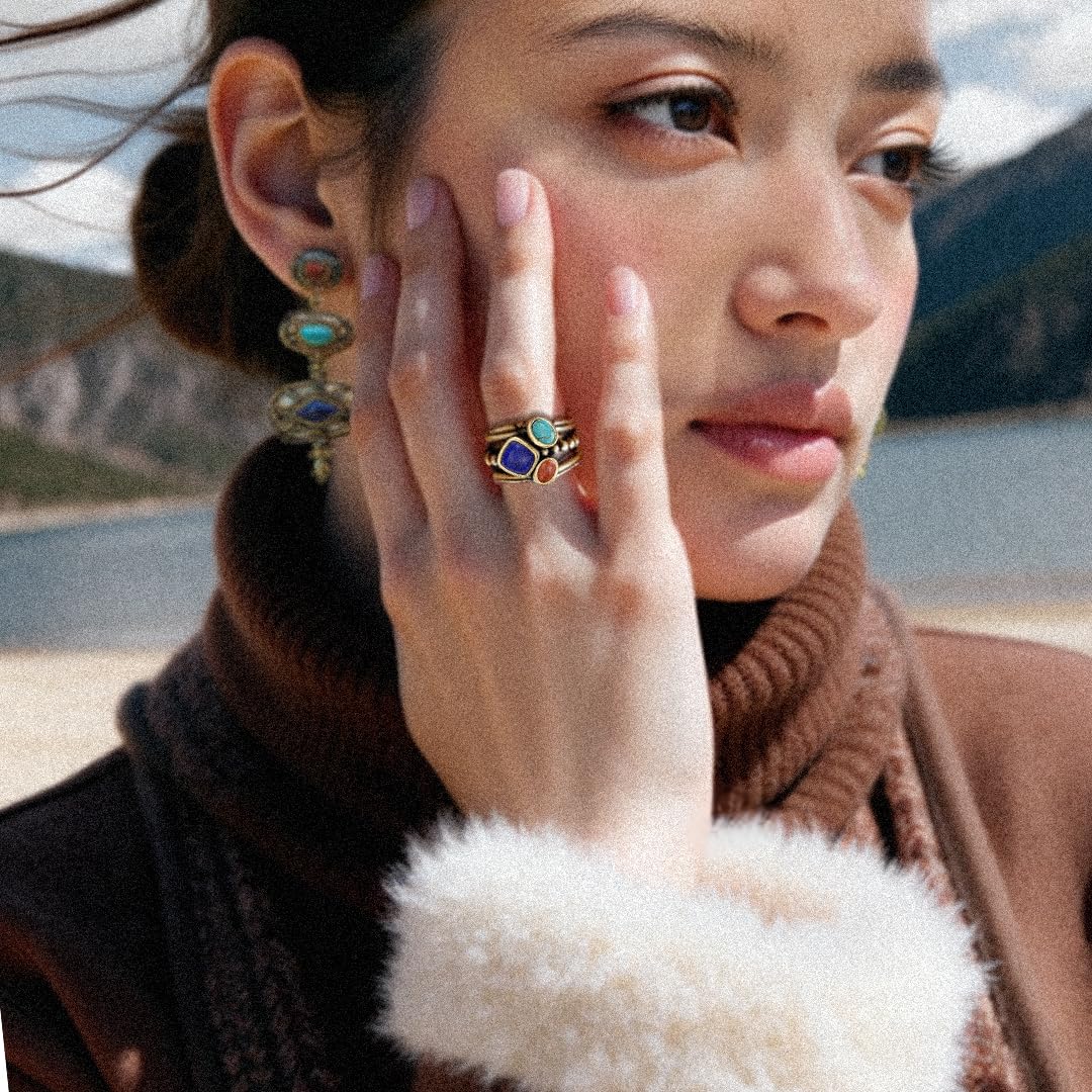 ZenWuxiang Tibetan Mani Stone Ring for Women, Vintage Brass with Natural Turquoise, Lapis Lazuli & Red Jasper, Ethnic Boho Tibetan Style Statement Ring