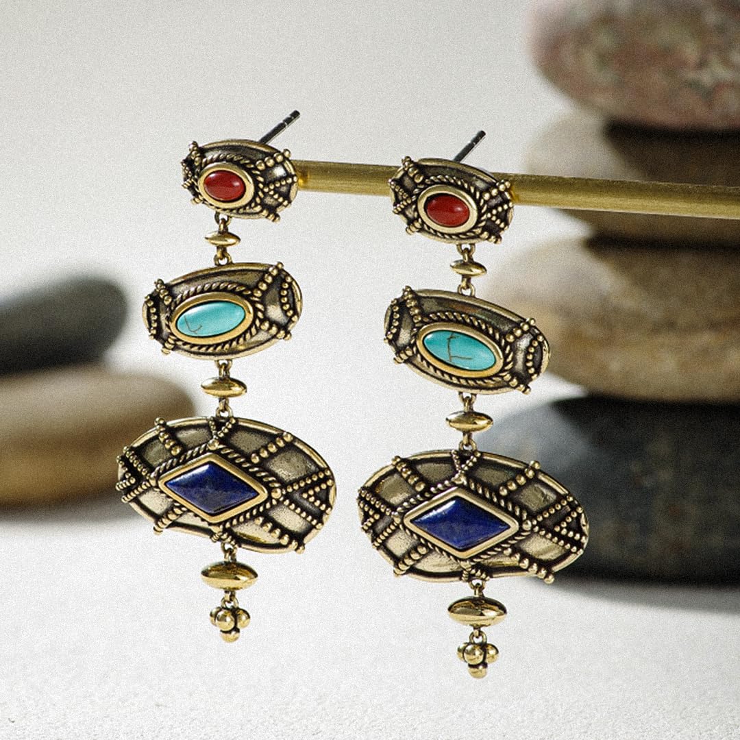 ZenWuxiang Tibetan Mani Stone Long Hoop Earrings for Women, Vintage Brass with Natural Turquoise, Lapis Lazuli & Red Jasper, Ethnic Boho Tibetan Style Jewelry