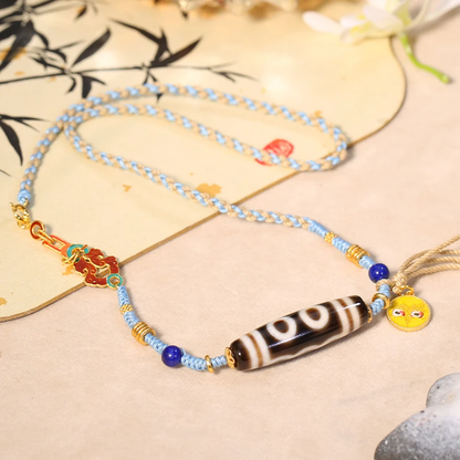 ZenWuxiang Five-Eye Dzi Necklace with Lapis Lazuli Gemstones (38.5mm)