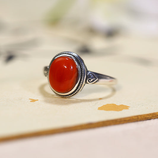 ZenWuxiang South Red Agate 925 Silver Adjustable Open Ring