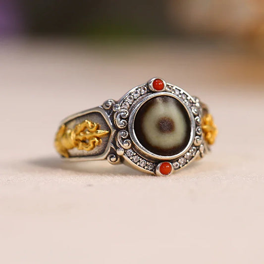ZenWuxiang Single-Eye Agate Nanhong 925 Silver Adjustable Ring
